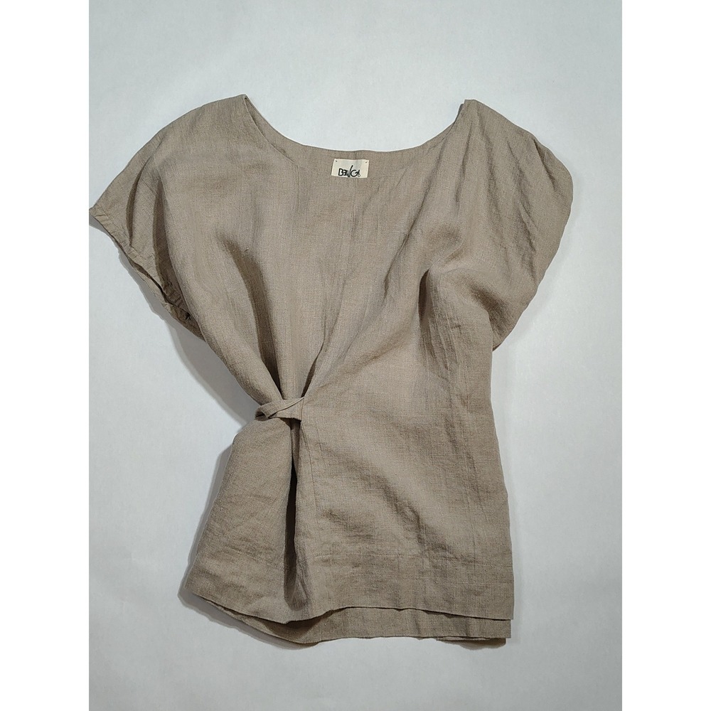 Bengi Design Handmade Linen Wrap Tie Waist Top Beige Short Sleeve Lithuania Wome